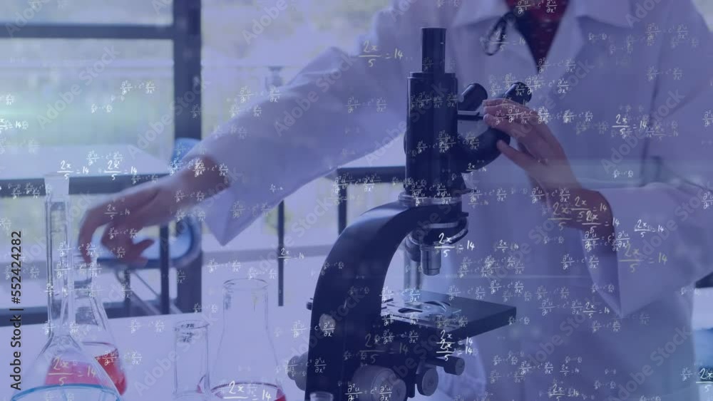 Poster animation of sums and abstract patterns over biracial scientist examining liquid through microscope