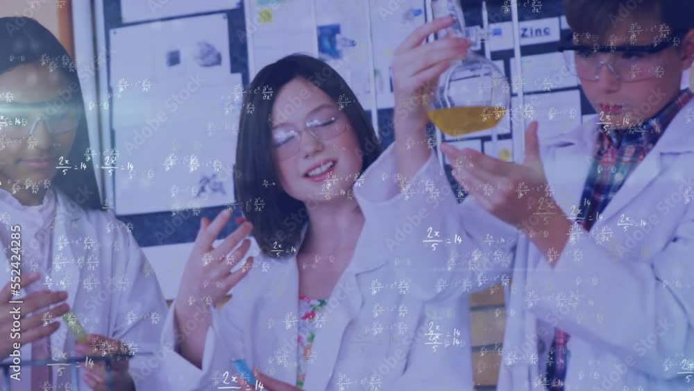 Aufkleber animation of sums and abstract pattern over diverse students examining liquid in laboratory