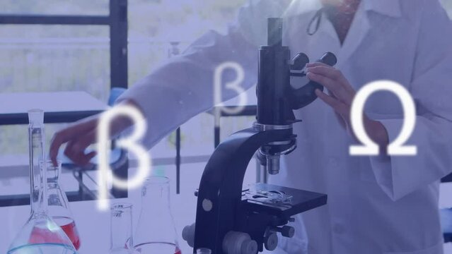 Animation of symbols over biracial female scientist working in lab