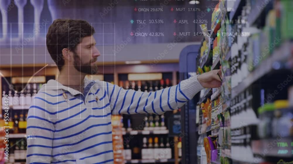 Poster animation of data processing over caucasian man in shop