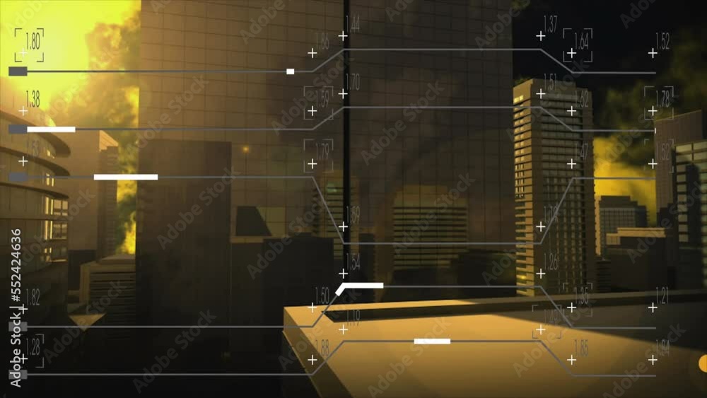 Aufkleber animation of programming language, lines moving in abstract pattern over buildings against sky