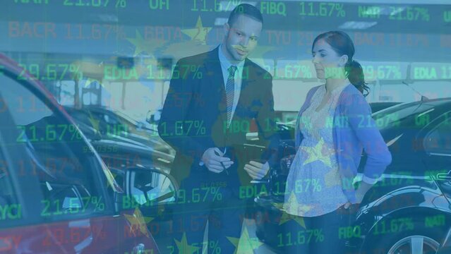Animation of flag of eu and stock market over diverse business people