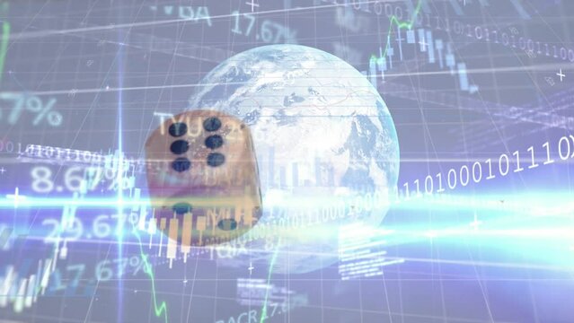Animation of financial data processing and globe over dice