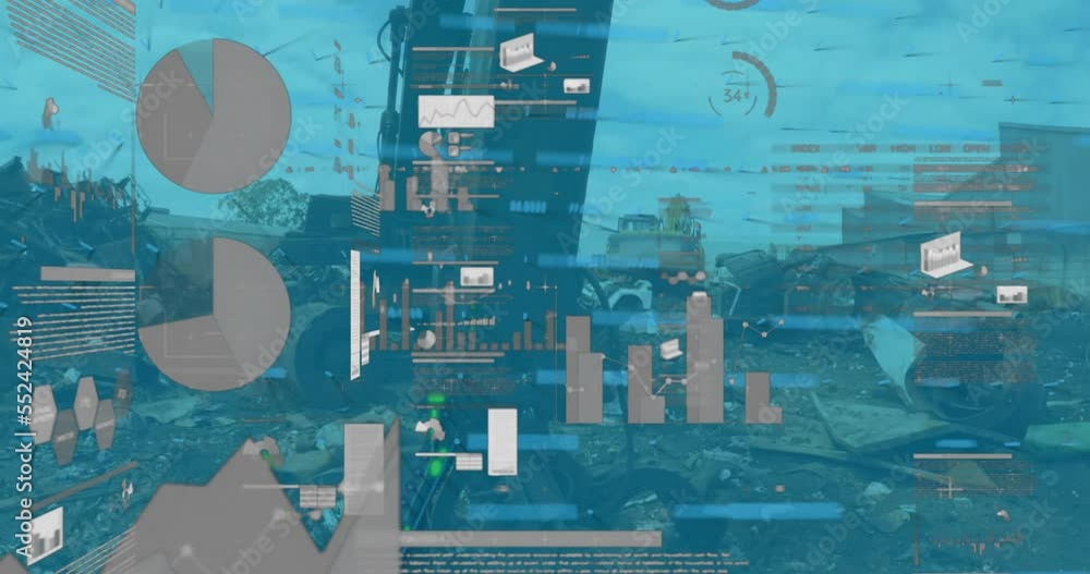 Aufkleber animation of multi colored infographic interface over scrap shearing machine in scrap yard