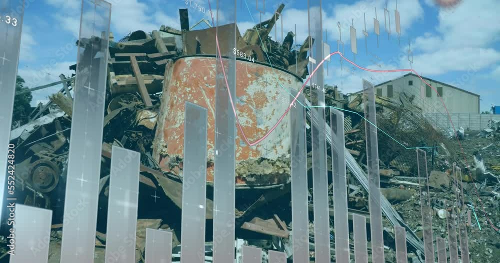Poster animation of multiple graphs over piled up metal scrap in scrapyard