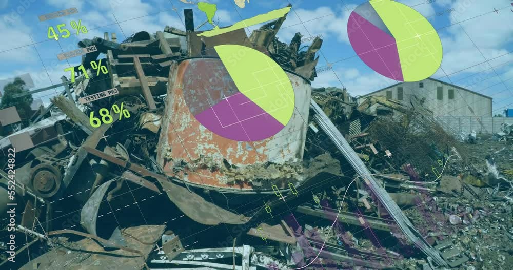 Poster animation of multicolored infographic interface over piled up metal scrap in scrapyard