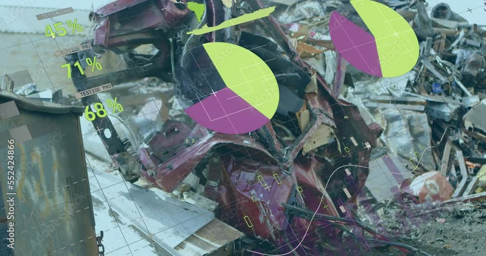 Poster animation of multi colored infographic interface over scrapped vehicle piled up in metal scrap