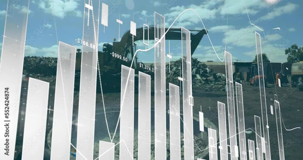 Poster animation of multiple graphs over crane moving metal scrap in scrap yard