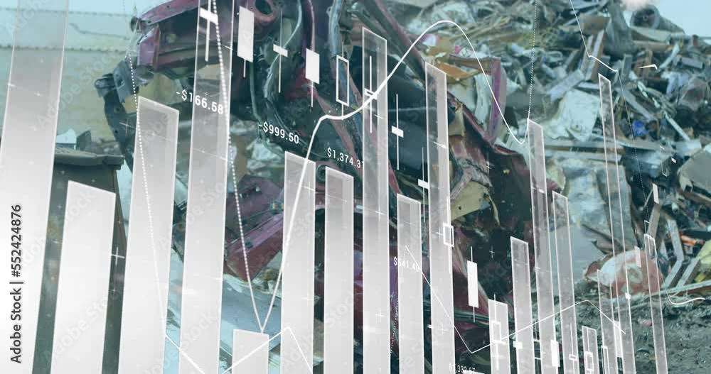Poster animation of multiple graphs over scraped vehicle piled up in metal scrap