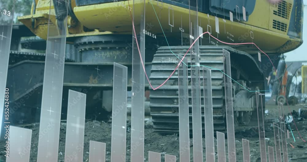 Poster animation of multiple graphs with numbers over midsection of scrap yard machinery in scrap yard