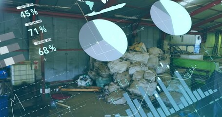 Animation of infographic interface over piled up sacks in warehouse of scrapyard - Powered by Adobe