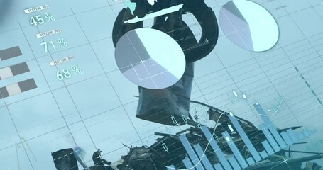 Animation of infographic interface over close-up of scrap shearing machine pilling up metal scrap - Powered by Adobe