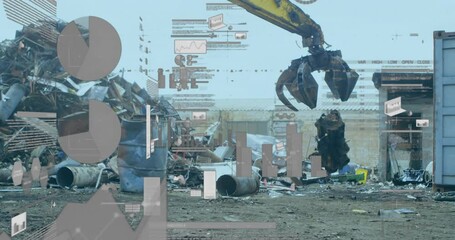 Animation of infographic interface over scrap shearing machine pilling up metal scrap - Powered by Adobe