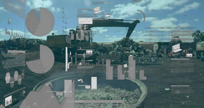 Animation of infographic interface over crane moving metal scrap in scrap yard