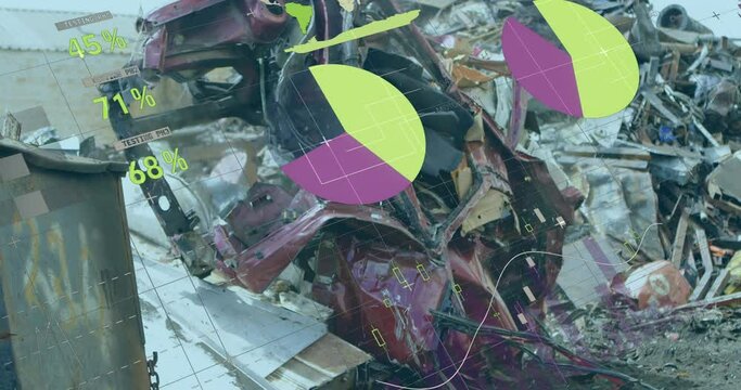 Animation of multi colored infographic interface over scrapped vehicle piled up in metal scrap