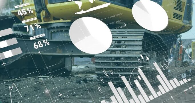 Animation of infographic interface over midsection of scrap yard machinery in scrap yard - Powered by Adobe