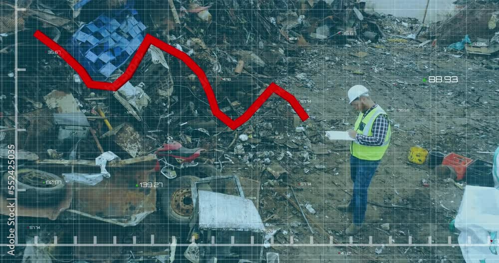 Poster animation of financial data processing over worker at landfill site