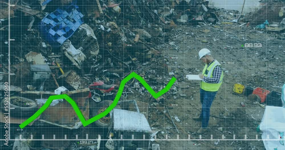 Poster animation of financial data processing over worker at landfill site
