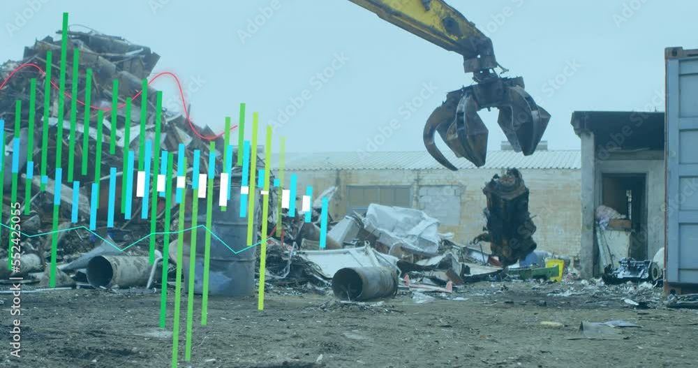 Poster animation of financial data processing over landfill site