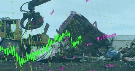 Animation of financial data processing over landfill site - Powered by Adobe