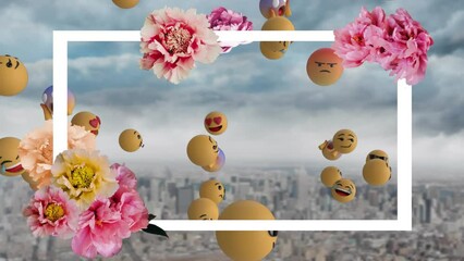 Animation of flowers with white frame and flying emojis against cityscape with cloudy sky - Powered by Adobe