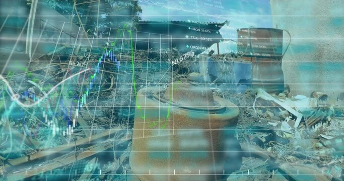 Animation of financial data processing over landfill site - Powered by Adobe