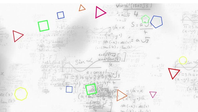 Animation of shapes over mathematical equations on white background