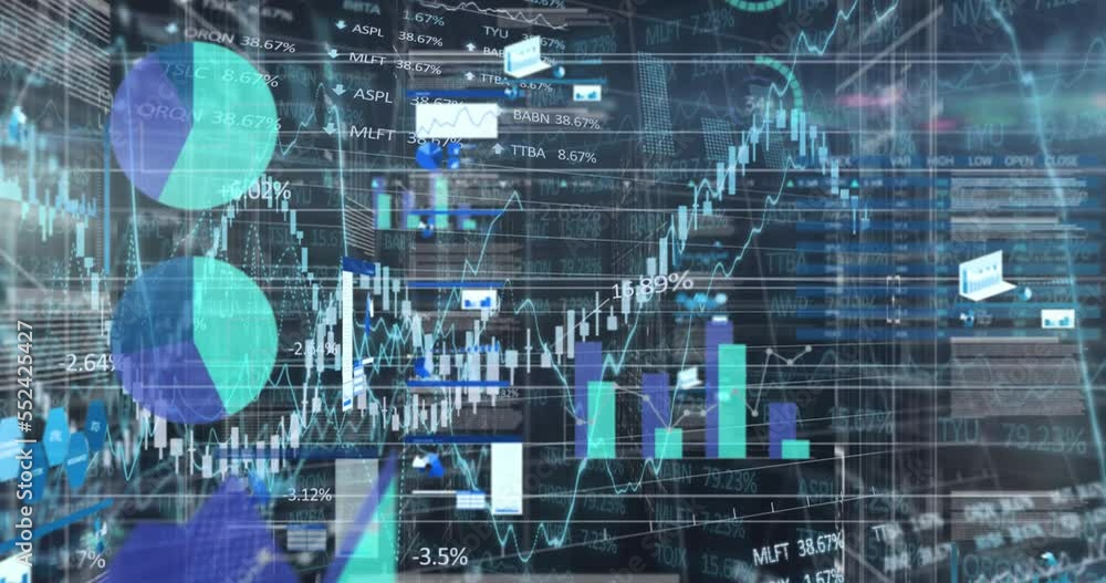 Poster animation of multiple graphs, lens flare and trading board against abstract background