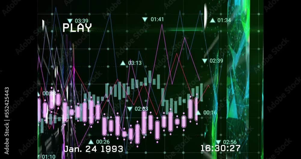 Poster animation of glitch technique over multiple graphs with numbers moving on grid pattern