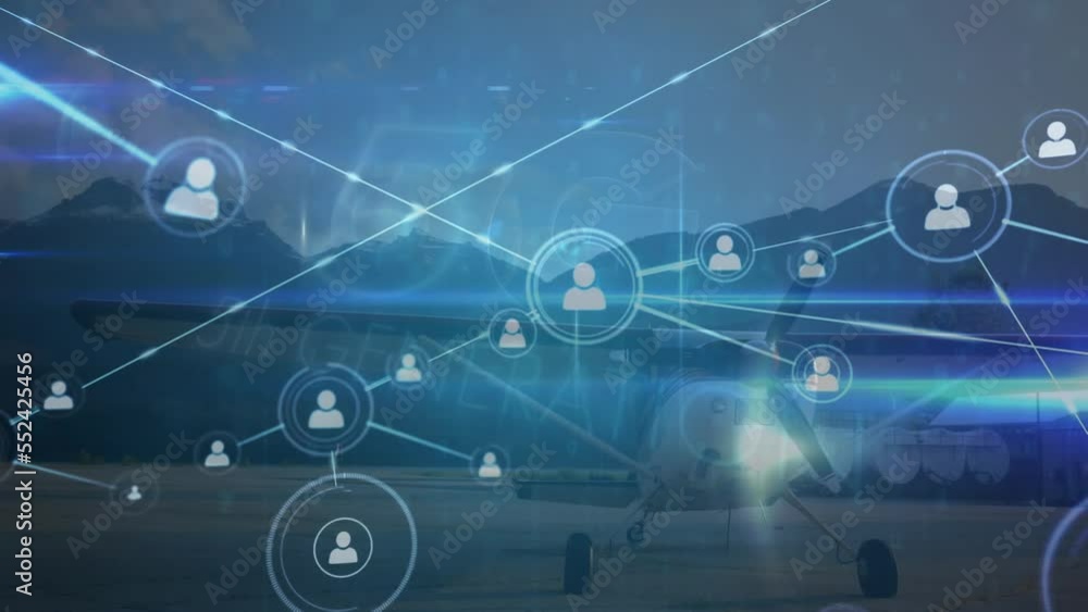 Poster animation of network of connections with icons over plane