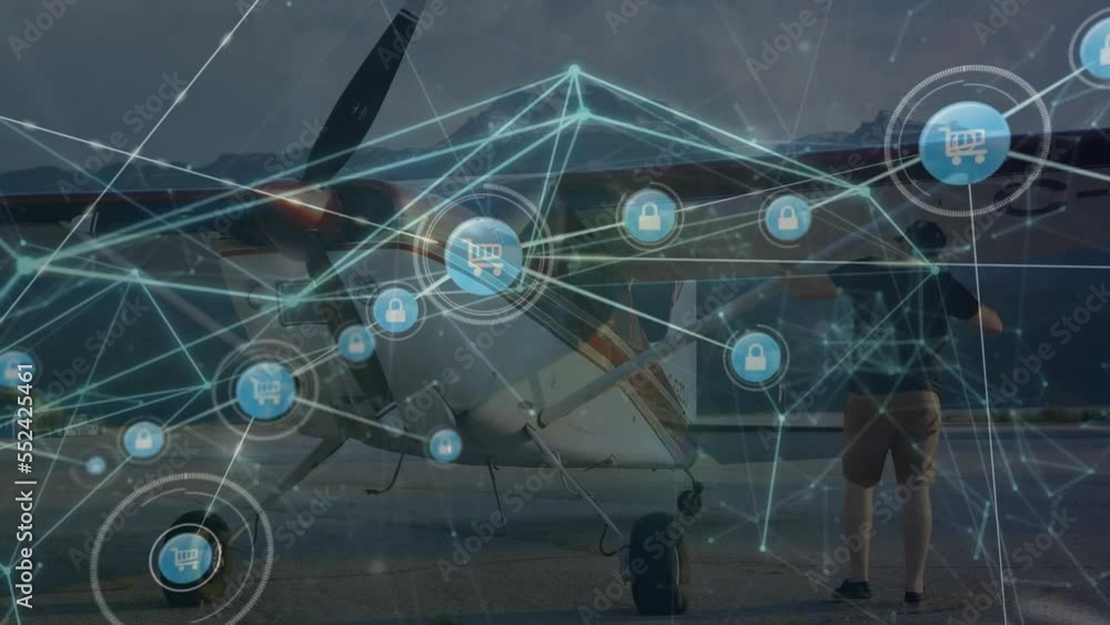 Poster animation of network of connections with icons over plane