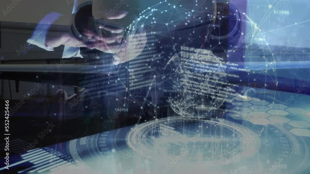 Poster animation of network of connections with data processing over caucasian businessman and plane