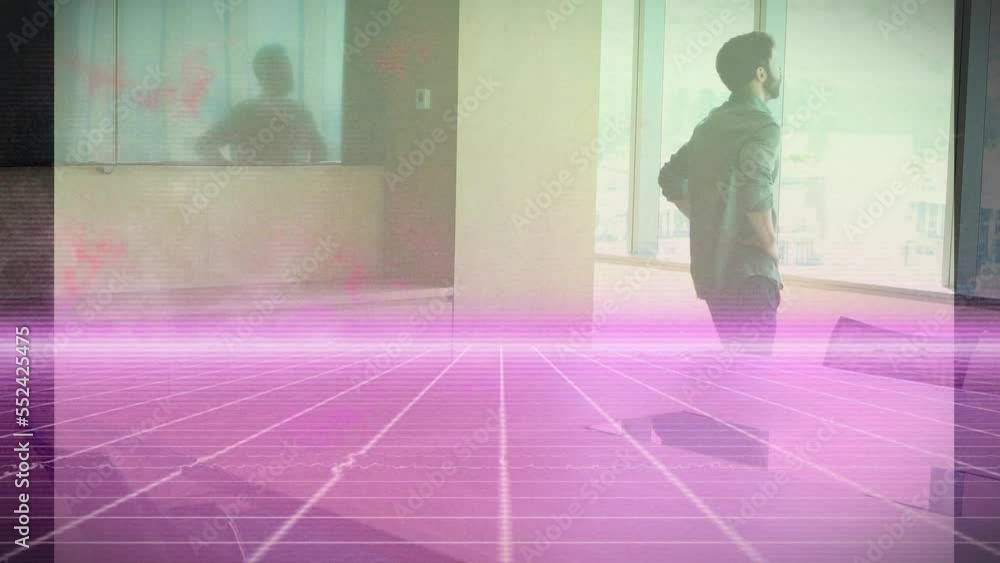 Poster animation of illuminated grid pattern over thoughtful caucasian man looking through window at office