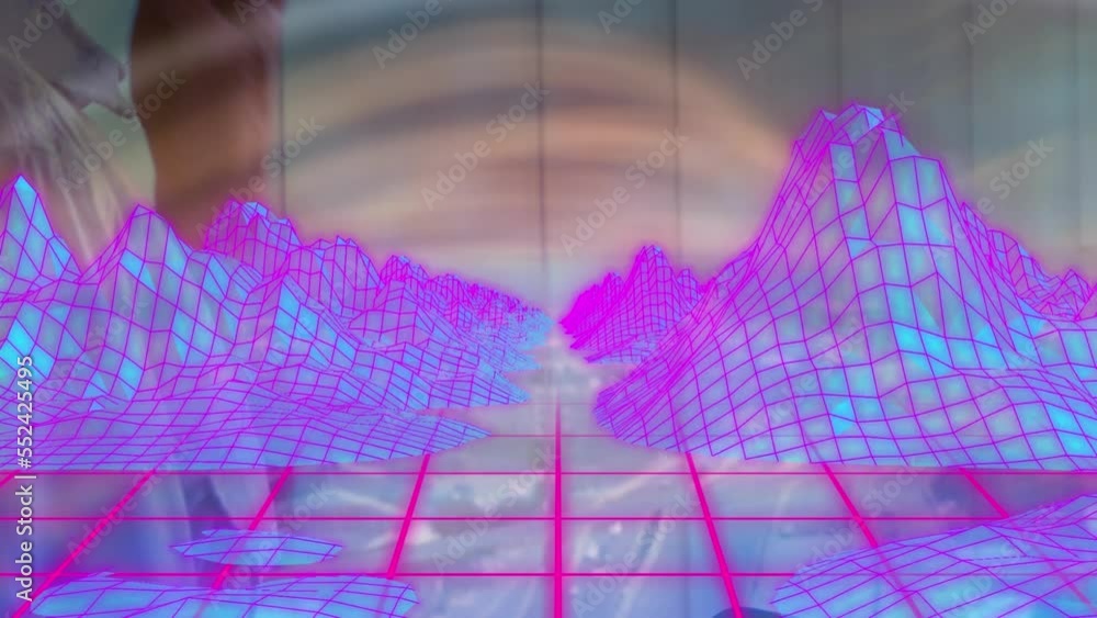 Poster animation of 3d structure of mountains over caucasian businessman using cellphone in office