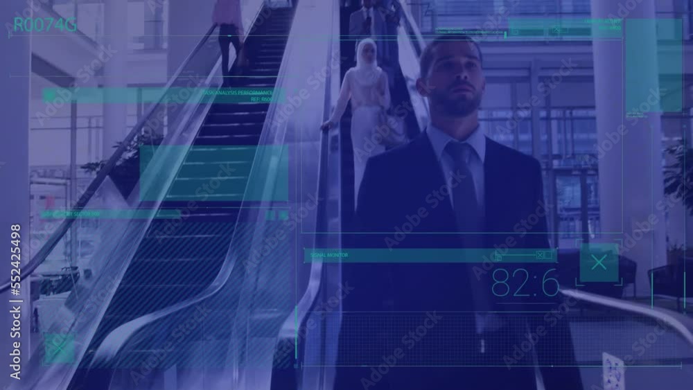 Poster animation of abstract pattern against biracial businessman moving down from escalator