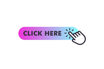 Click here on the button with the arrow pointer. Hand cursor vector icon. Flat gradient button. Click here for website links.