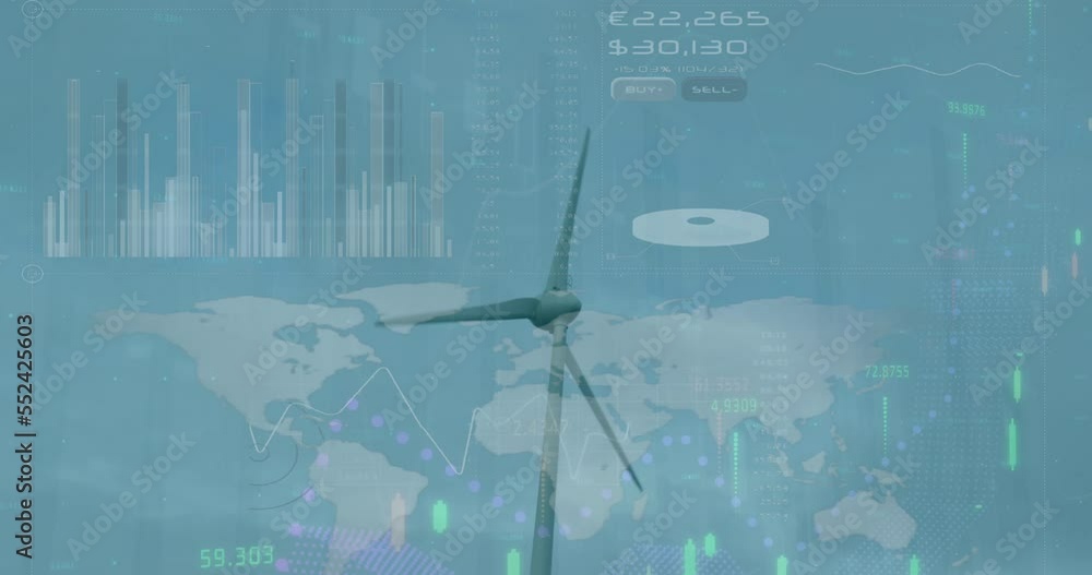 Aufkleber animation of multiple graphs, numbers and map over low angle view of spinning windmill