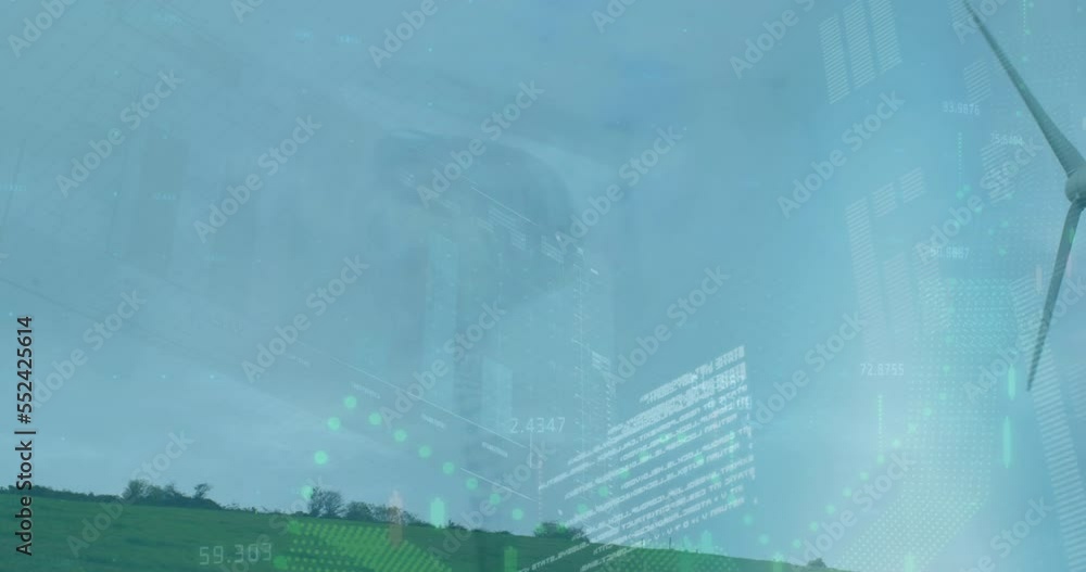 Poster animation of multiple graphs moving and windmill spinning over coworkers giving high five in office