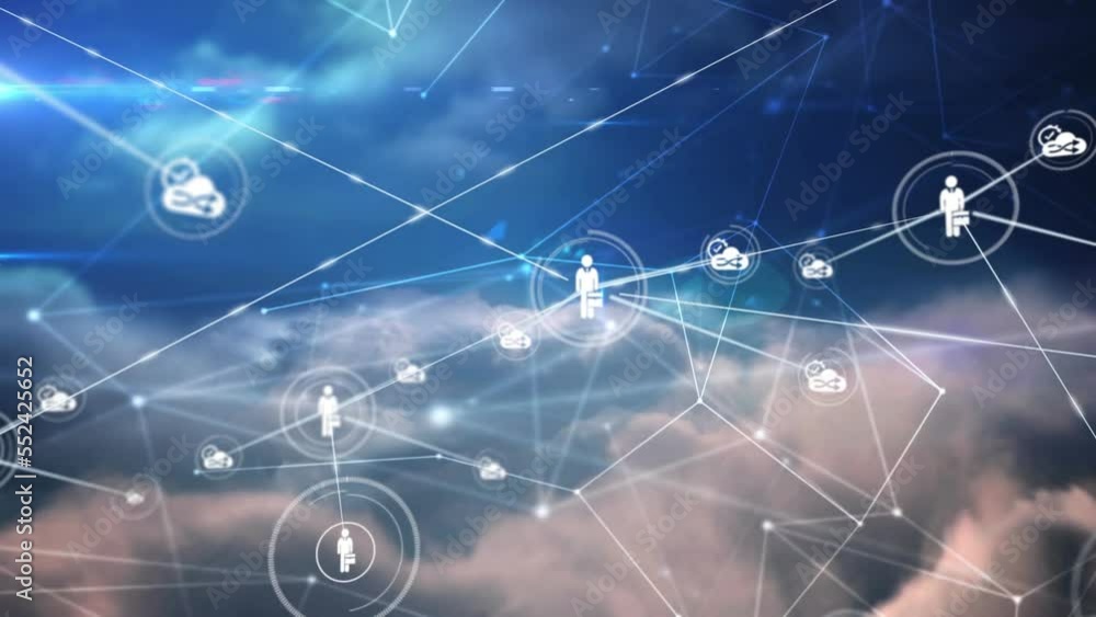 Poster animation of icons interconnected with lines and lens flare moving over cloudscape