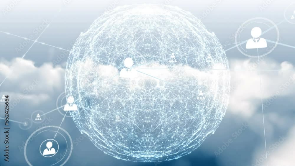 Poster animation of connected profile icons, dots forming globe and abstract pattern over cloudscape