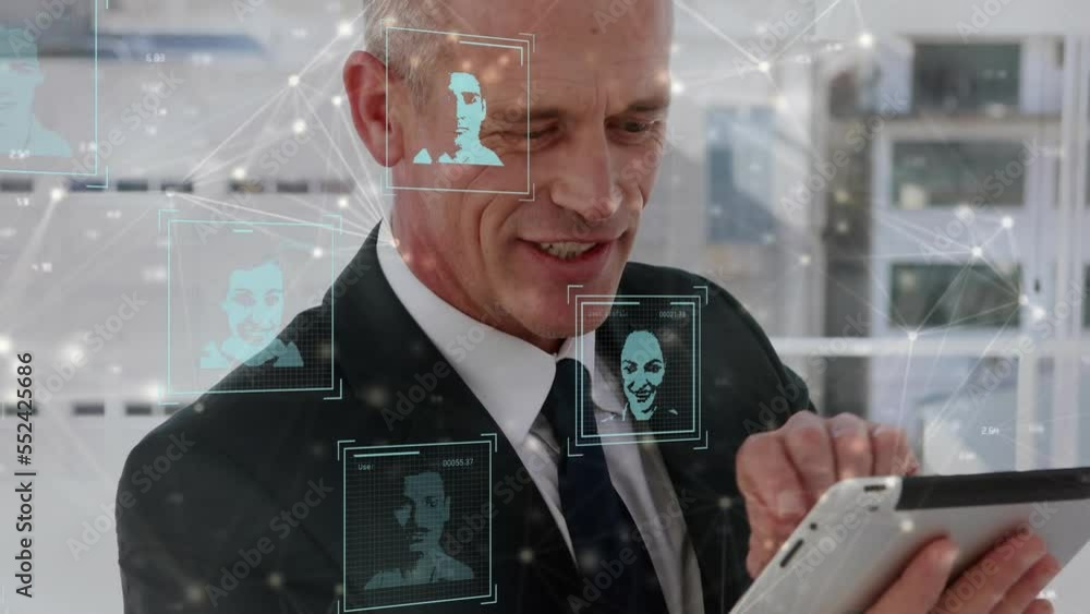 Poster animation of digital profile icons, connected dots over smiling caucasian man using digital tablet