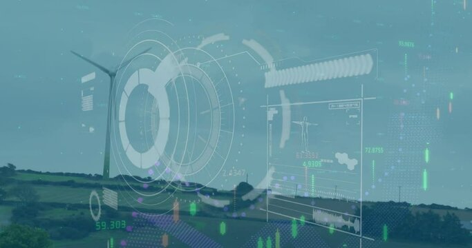Animation of radar, graph and loading bar over windmill on landscape against clear sky