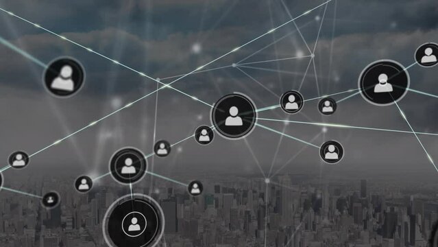 Animation showing connections between people and devices in a cloudy background