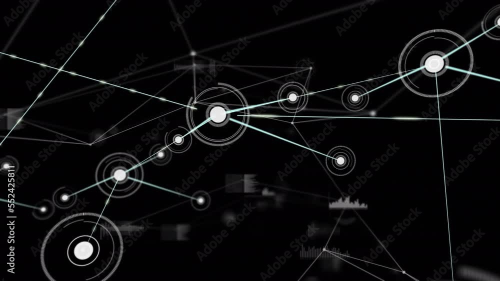 Aufkleber animation of dots connected with lines, graph icons, database against black background