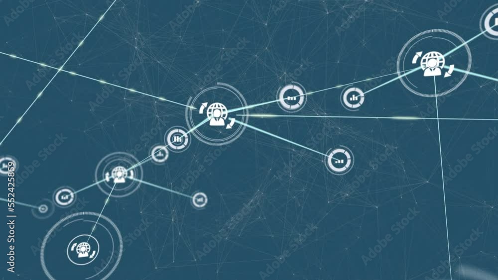 Poster animation of dots and icons interconnected with lines moving on blue background