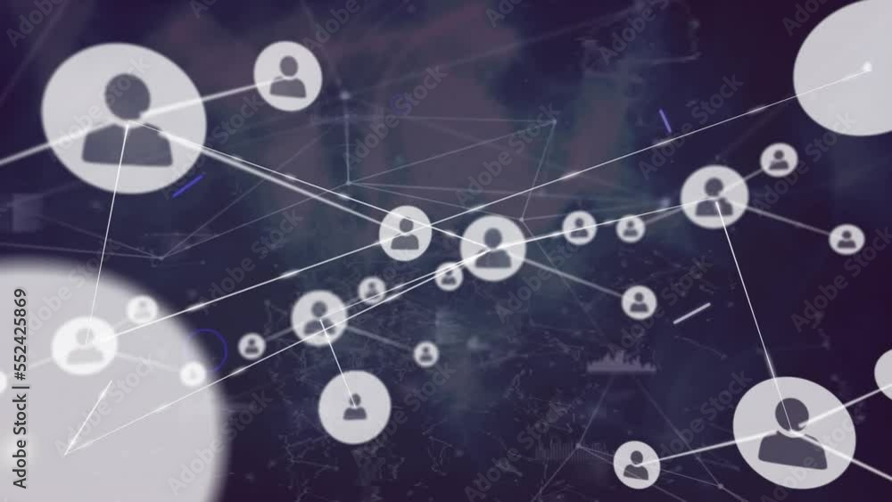 Aufkleber animation of digital eye, profile icons connected with lines, graph moving on abstract background