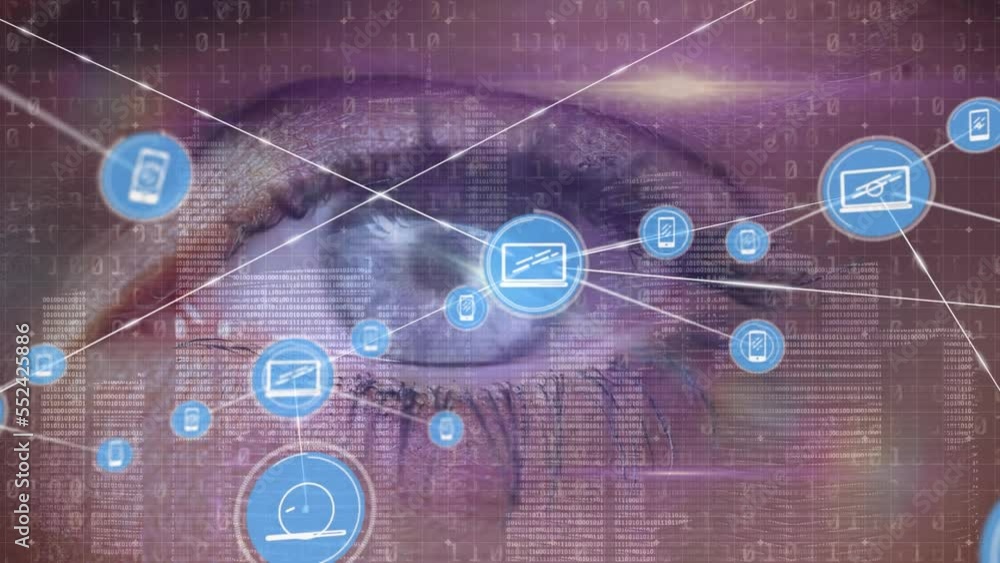 Poster animation of network of connections with icons and data processing over eye of caucasian woman
