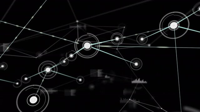 Animation of dots connected with lines, graph icons, database against black background