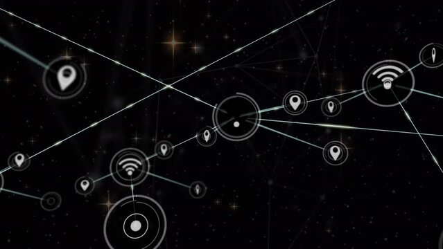 Animation of icons connected with lines and shining stars over galaxy in background