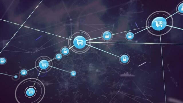 Animation of padlock and shopping cart icons connecting with lines on abstract background - Powered by Adobe